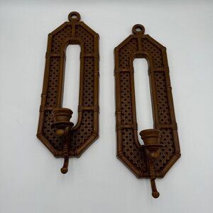 Vintage Burwood Products Brown Faux Wicker Rattan Candle Holder Sconces Set Of 2